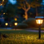 A photograph of a beautifully landscaped outdoor space illuminated by stylish solar yard lights at dusk