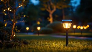 A photograph of a beautifully landscaped outdoor space illuminated by stylish solar yard lights at dusk