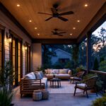 A photograph of a beautifully designed outdoor porch featuring stylish ceiling lights that enhance the ambiance and functionality of the space