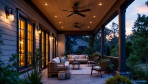 A photograph of a beautifully designed outdoor porch featuring stylish ceiling lights that enhance the ambiance and functionality of the space