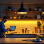 A photograph of a well-lit kitchen or workspace showcasing stylish undershelf lighting in action