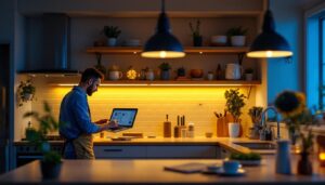 A photograph of a well-lit kitchen or workspace showcasing stylish undershelf lighting in action