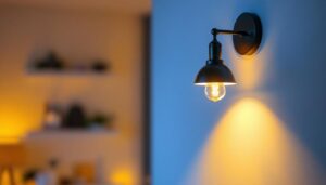 A photograph of a beautifully designed uplight sconce illuminating a stylish interior space