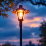 A photograph of a beautifully illuminated outdoor space featuring a stylish light post lamp