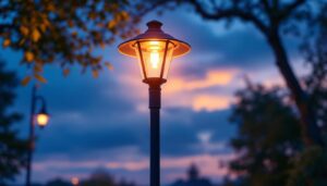 A photograph of a beautifully illuminated outdoor space featuring a stylish light post lamp