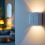 A photograph of a lighting contractor installing a modern led light switch dimmer in a stylish home setting
