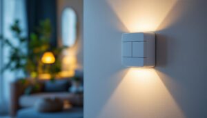 A photograph of a lighting contractor installing a modern led light switch dimmer in a stylish home setting