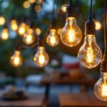A photograph of a beautifully arranged display of string light bulbs in a cozy outdoor setting