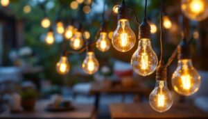 A photograph of a beautifully arranged display of string light bulbs in a cozy outdoor setting