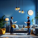 A photograph of a stylish modern hanging light fixture in a beautifully designed interior space