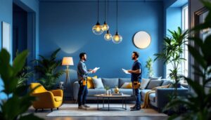 A photograph of a stylish modern hanging light fixture in a beautifully designed interior space