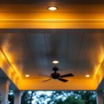 A photograph of a beautifully designed porch ceiling with stylish lighting fixtures