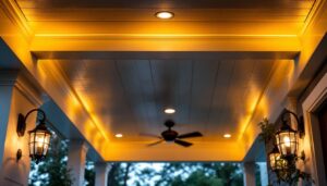 A photograph of a beautifully designed porch ceiling with stylish lighting fixtures