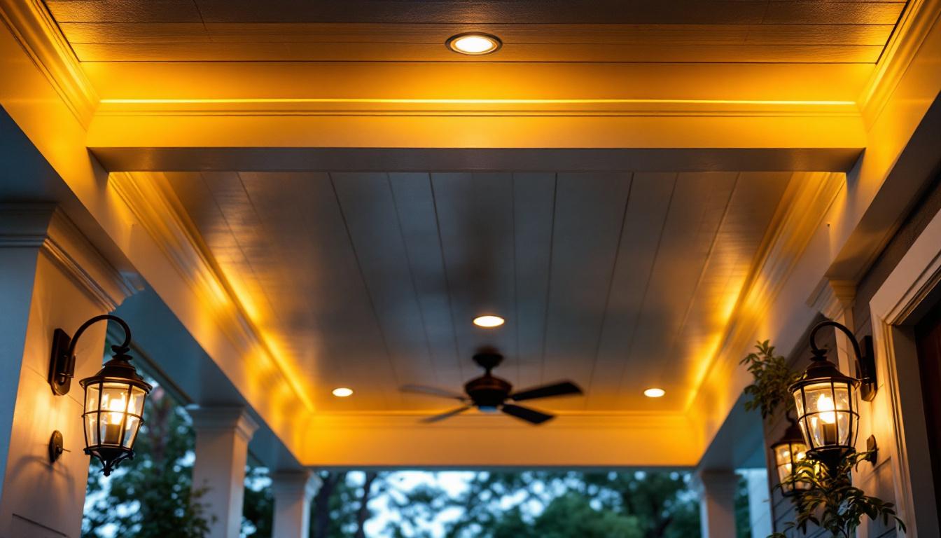 A photograph of a beautifully designed porch ceiling with stylish lighting fixtures