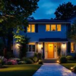 A photograph of a well-lit outdoor space featuring a variety of stylish security lights installed around a home