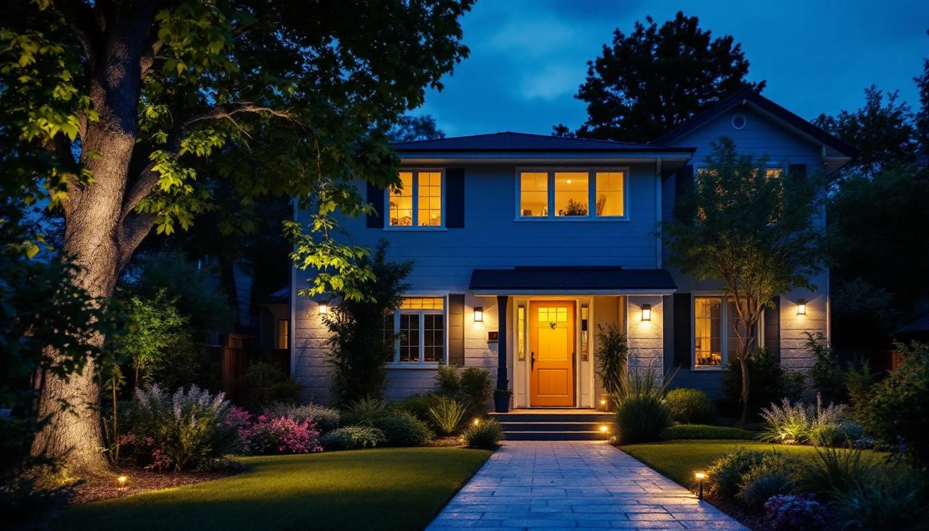 A photograph of a well-lit outdoor space featuring a variety of stylish security lights installed around a home