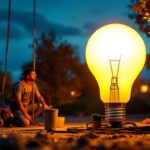 A photograph of a brightly lit giant light bulb installation in an outdoor setting
