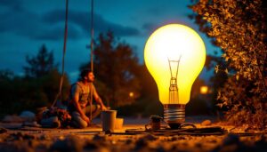 A photograph of a brightly lit giant light bulb installation in an outdoor setting