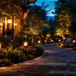 A photograph of a beautifully illuminated outdoor space featuring solar lights in a variety of settings