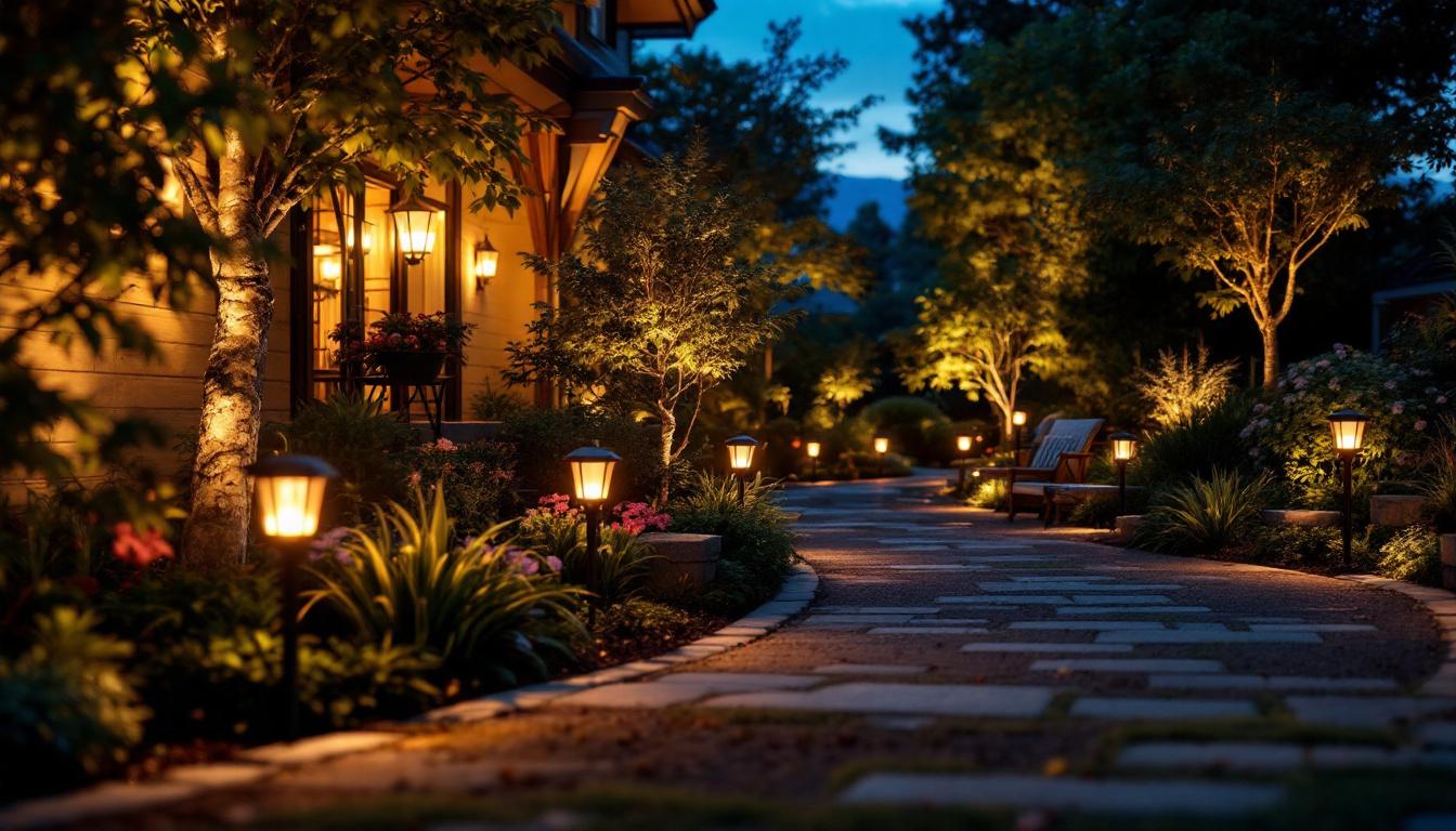 A photograph of a beautifully illuminated outdoor space featuring solar lights in a variety of settings