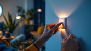 A photograph of a lighting contractor expertly installing a modern dimming switch in a stylish home setting