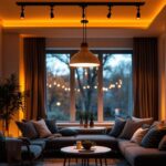 A photograph of a stylish indoor space featuring solar-powered lighting fixtures in use
