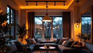 A photograph of a stylish indoor space featuring solar-powered lighting fixtures in use