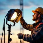 A photograph of a lighting contractor expertly setting up a jobsite light in an outdoor construction environment during dusk