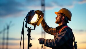 A photograph of a lighting contractor expertly setting up a jobsite light in an outdoor construction environment during dusk
