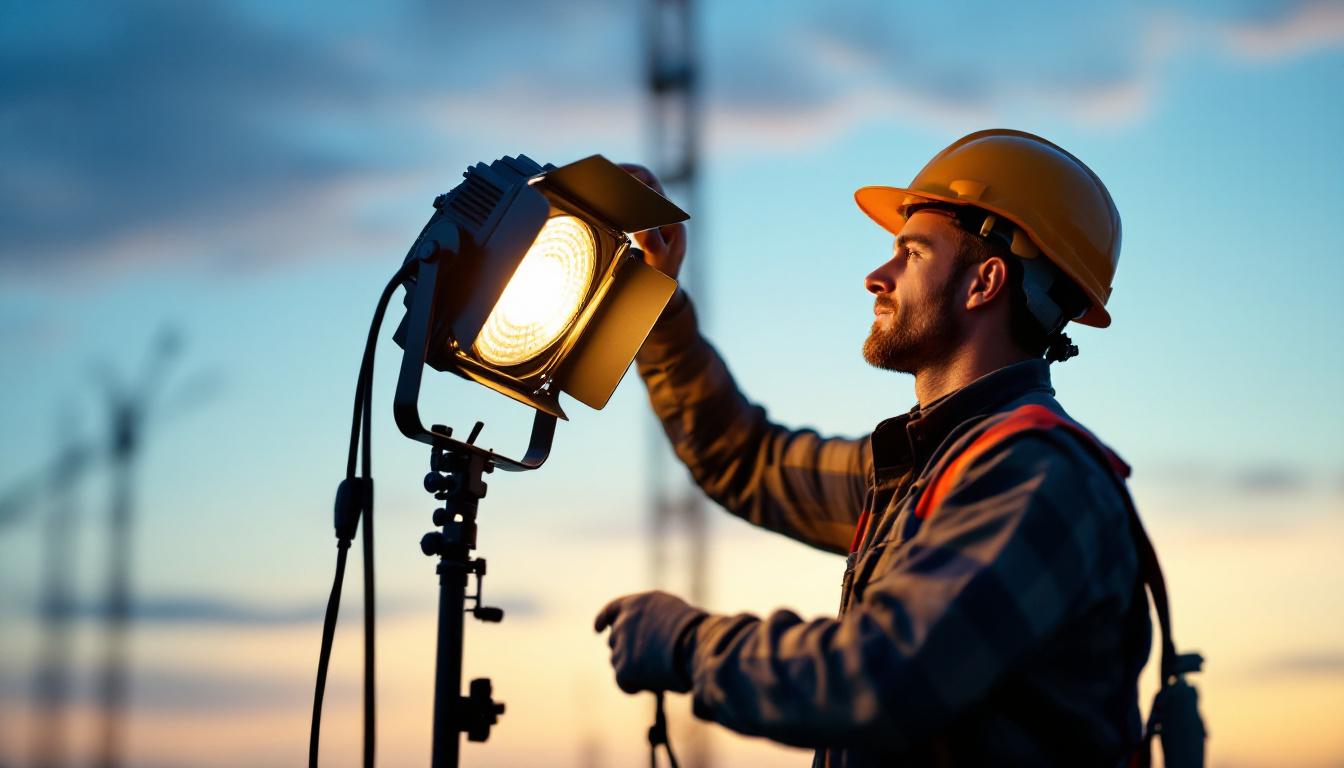 A photograph of a lighting contractor expertly setting up a jobsite light in an outdoor construction environment during dusk