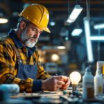 A photograph of a lighting contractor examining various types of fluorescent lamps in a well-lit workspace