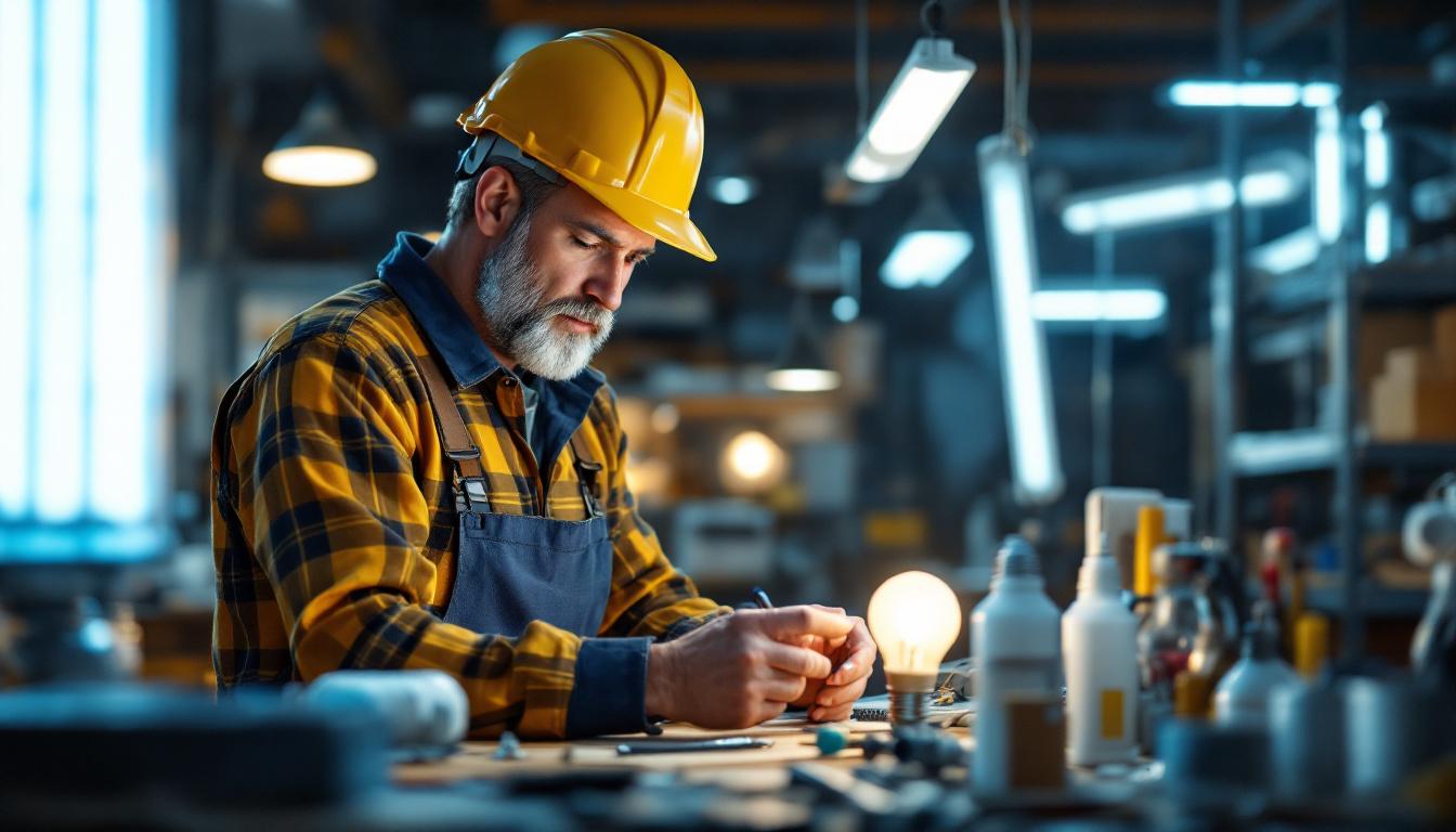 A photograph of a lighting contractor examining various types of fluorescent lamps in a well-lit workspace