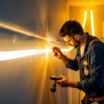 A photograph of a lighting contractor skillfully installing led tape lights in a stylish residential setting