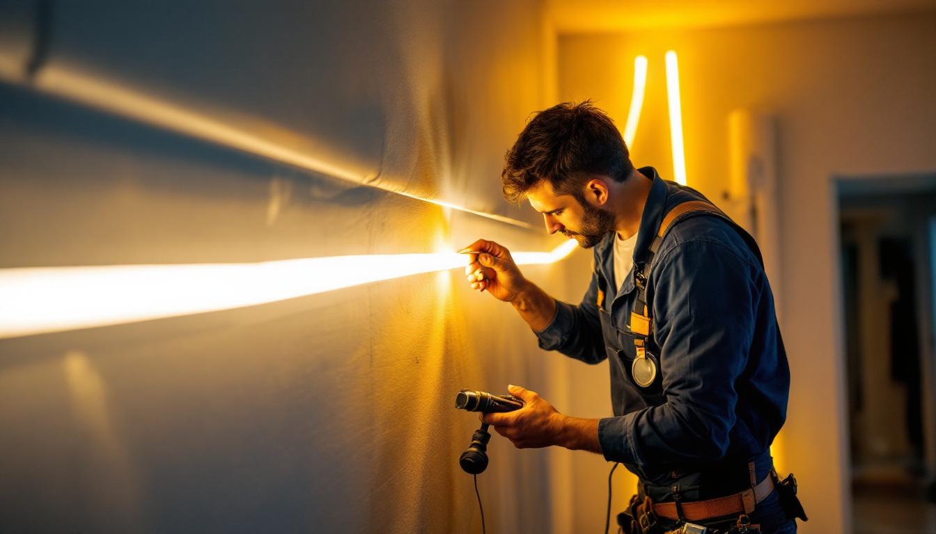 A photograph of a lighting contractor skillfully installing led tape lights in a stylish residential setting