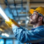 A photograph of a lighting contractor at work