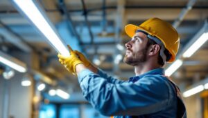 A photograph of a lighting contractor at work