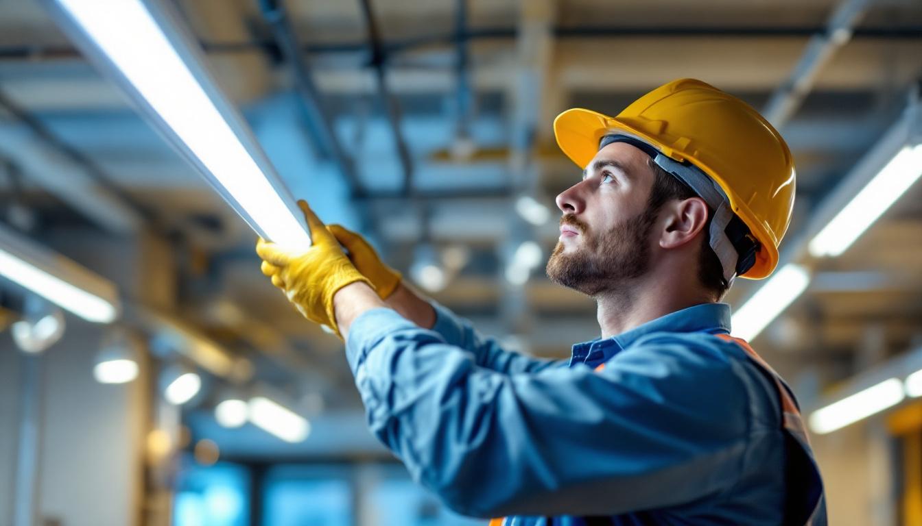 A photograph of a lighting contractor at work
