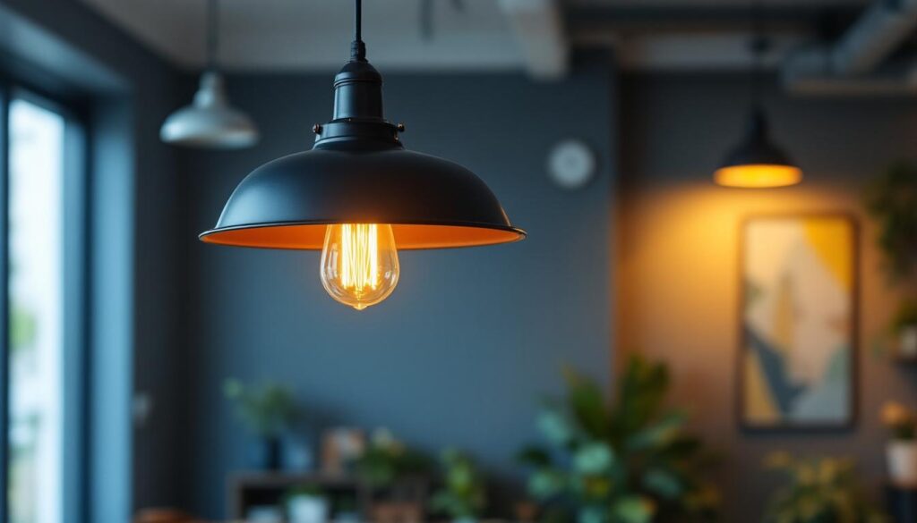 A photograph of a stylish industrial pendant light fixture hanging in a modern workspace