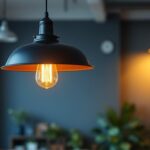 A photograph of a stylish industrial pendant light fixture hanging in a modern workspace