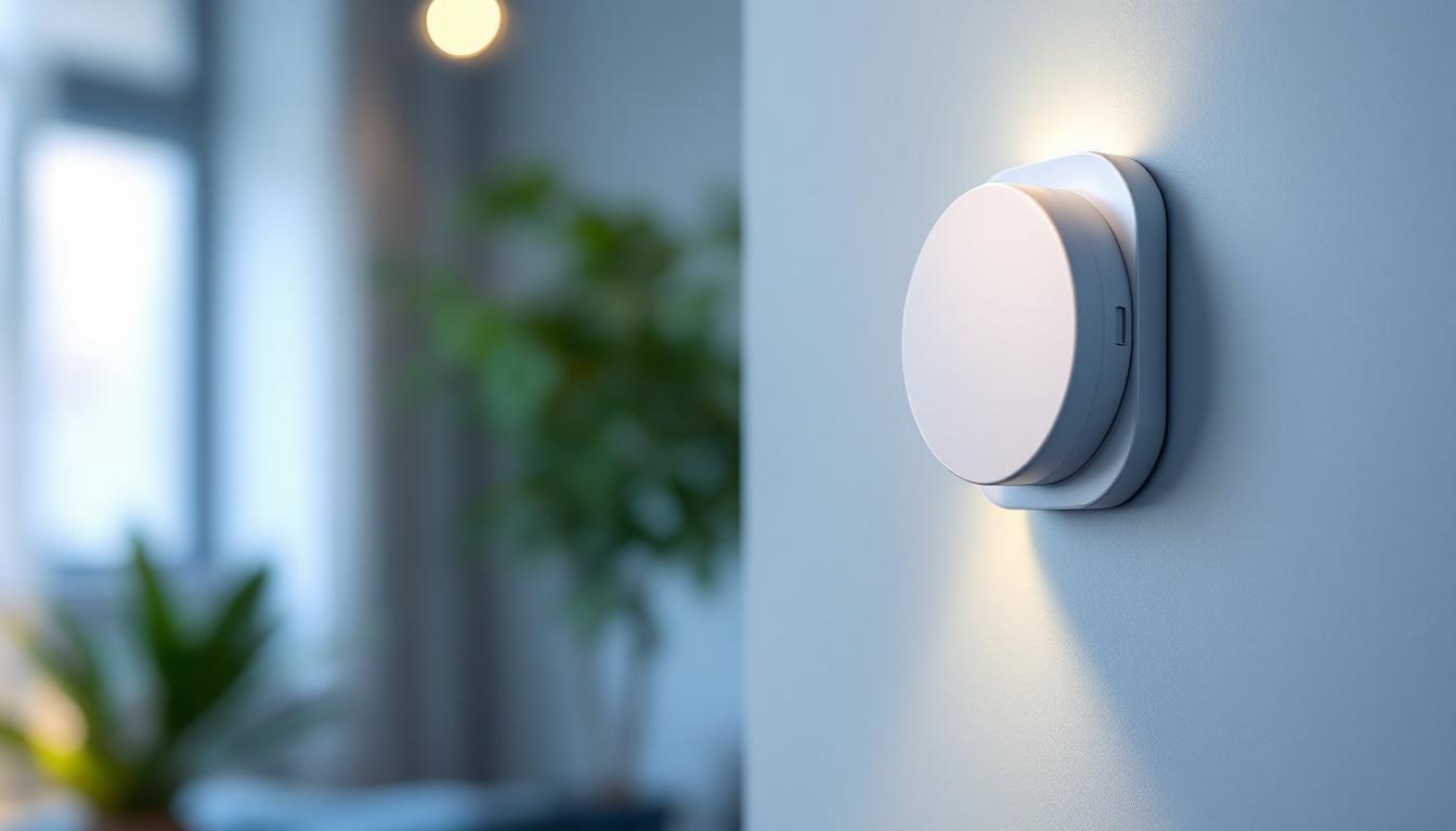 A photograph of a modern occupancy detector installed in a well-lit room
