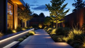 A photograph of a beautifully illuminated outdoor space featuring sleek linear lighting fixtures integrated into landscaping or architectural elements