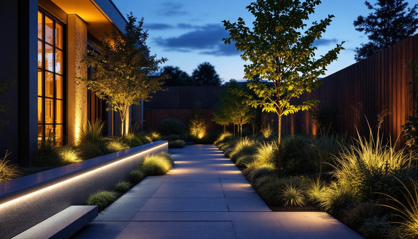 A photograph of a beautifully illuminated outdoor space featuring sleek linear lighting fixtures integrated into landscaping or architectural elements