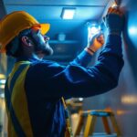 A photograph of a lighting contractor installing emergency and exit lights in a commercial space