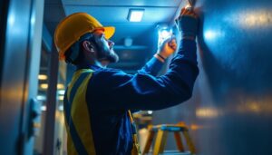 A photograph of a lighting contractor installing emergency and exit lights in a commercial space