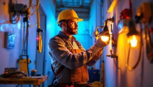 A photograph of a skilled electrician working on a lighting installation project