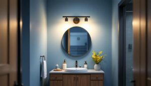 A photograph of a beautifully designed bathroom or hallway featuring a stylish vanity light installed at the appropriate height for an 8-foot ceiling