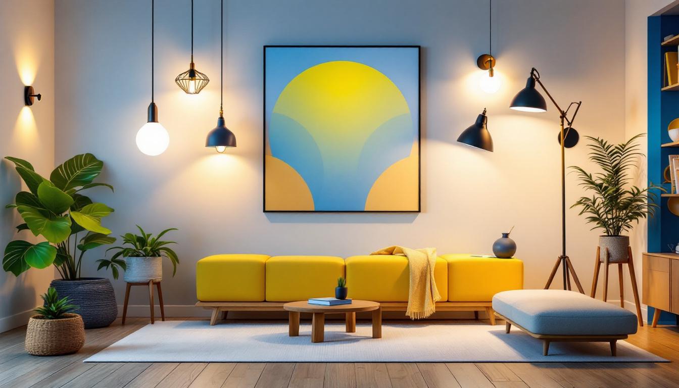A photograph of a well-lit home interior showcasing a variety of stylish lighting fixtures