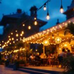 A photograph of a beautifully lit outdoor space featuring large exterior hanging lights
