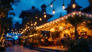 A photograph of a beautifully lit outdoor space featuring large exterior hanging lights