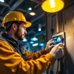 A photograph of a lighting contractor adjusting a fan speed control panel while surrounded by various lighting fixtures